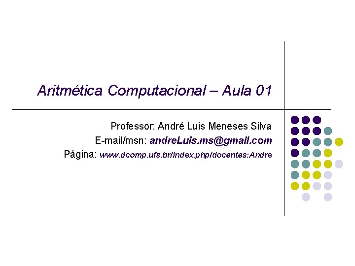 Aritmética Computacional – Aula 01 Professor: André Luis Meneses Silva E-mail/msn: andre. Luis. ms@gmail.