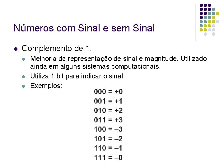 Números com Sinal e sem Sinal Complemento de 1. Melhoria da representação de sinal