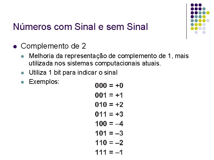 Números com Sinal e sem Sinal Complemento de 2 Melhoria da representação de complemento