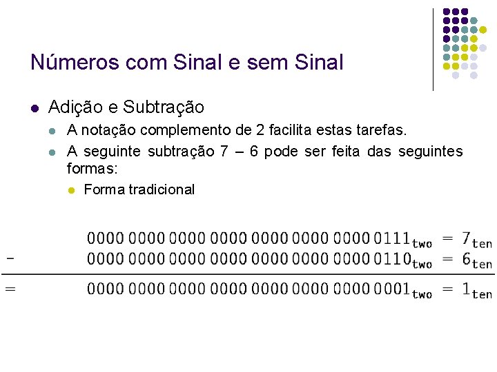 Números com Sinal e sem Sinal Adição e Subtração A notação complemento de 2