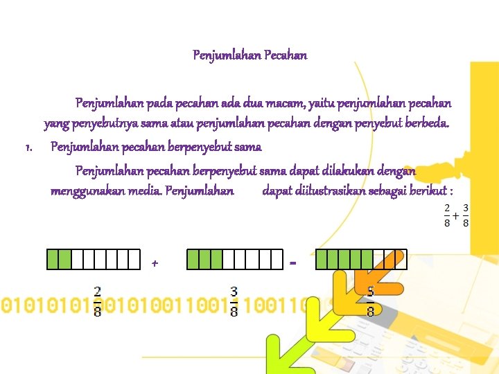 Penjumlahan Pecahan Penjumlahan pada pecahan ada dua macam, yaitu penjumlahan pecahan yang penyebutnya sama