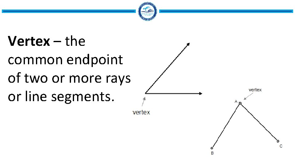 Vertex – the common endpoint of two or more rays or line segments. 