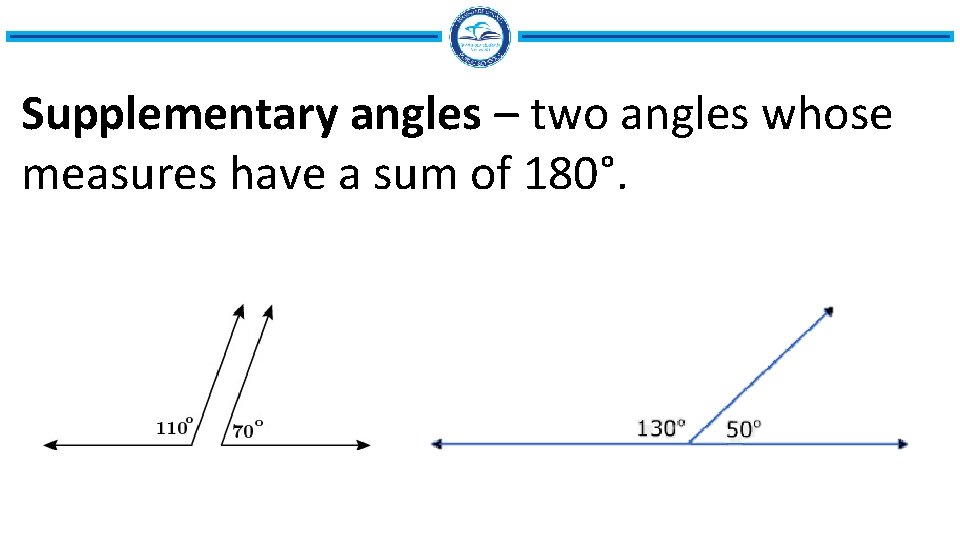 Supplementary angles – two angles whose measures have a sum of 180°. 