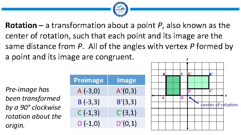 Rotation – a transformation about a point P, also known as the center of