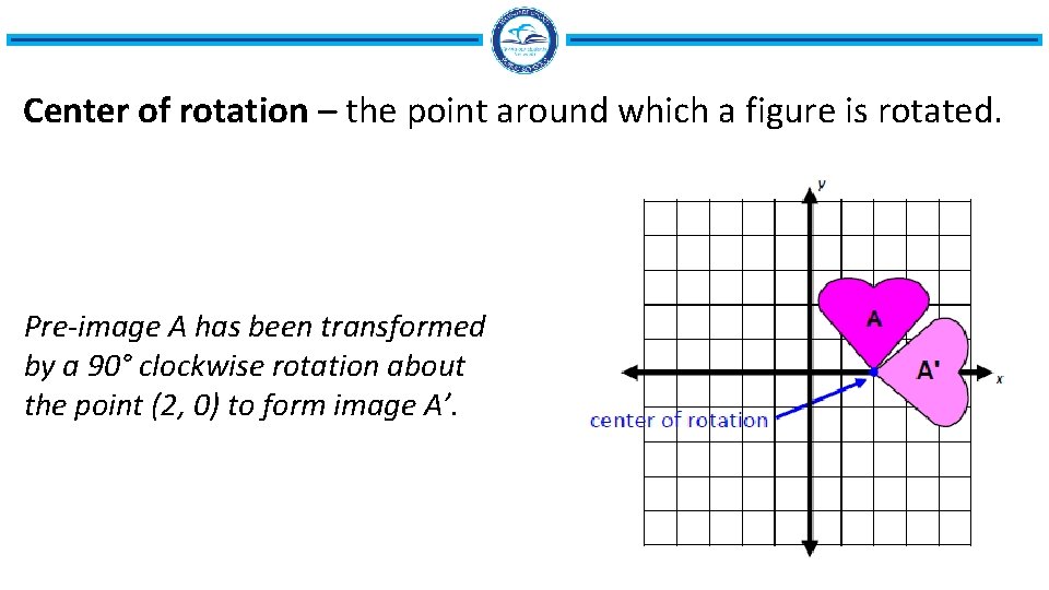 Center of rotation – the point around which a figure is rotated. Pre-image A