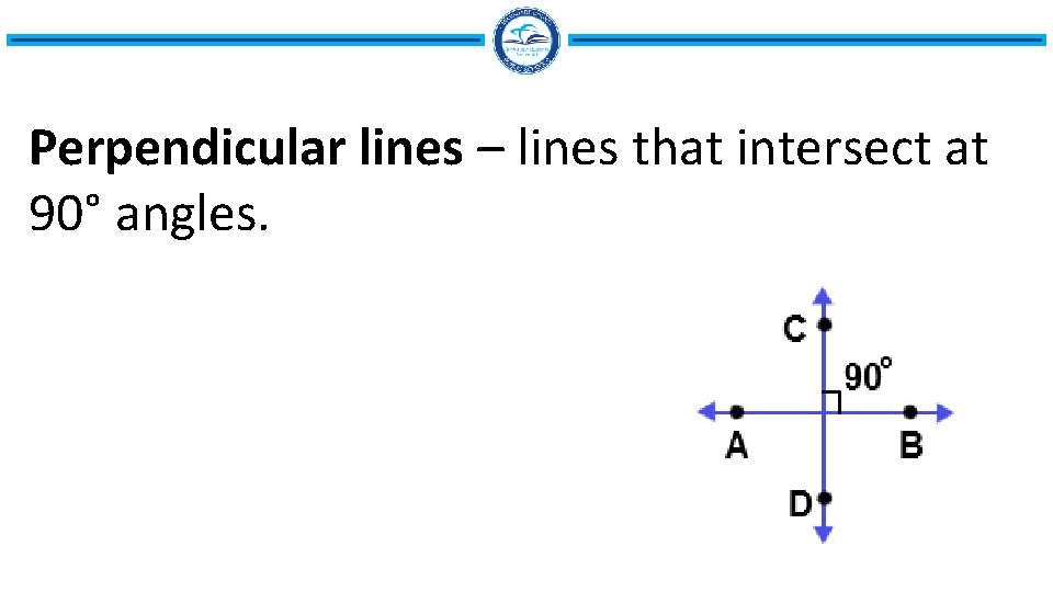 Perpendicular lines – lines that intersect at 90° angles. 