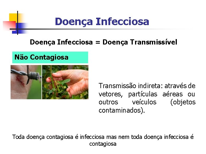 Doença Infecciosa = Doença Transmissível Não Contagiosa Transmissão indireta: através de vetores, partículas aéreas