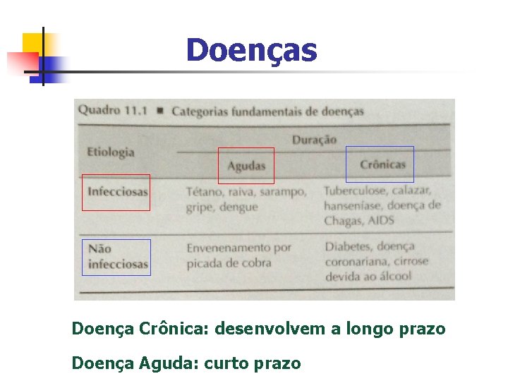 Doenças Doença Crônica: desenvolvem a longo prazo Doença Aguda: curto prazo 