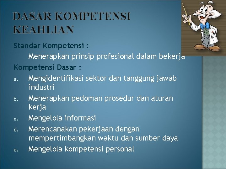 DASAR KOMPETENSI KEAHLIAN Standar Kompetensi : Menerapkan prinsip profesional dalam bekerja Kompetensi Dasar :