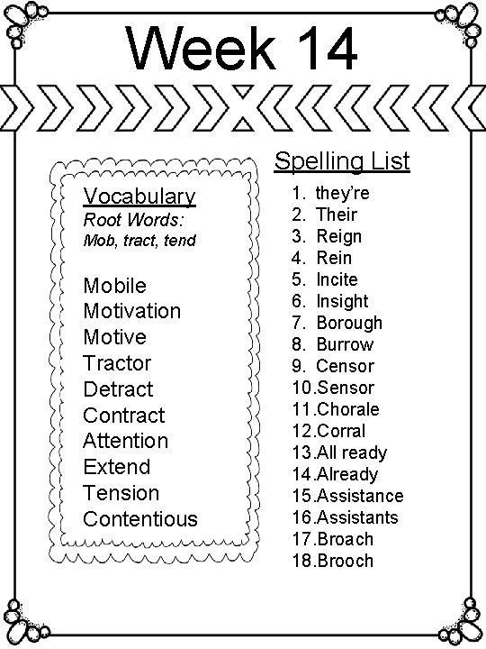 Week 14 Spelling List Vocabulary Root Words: Mob, tract, tend Mobile Motivation Motive Tractor