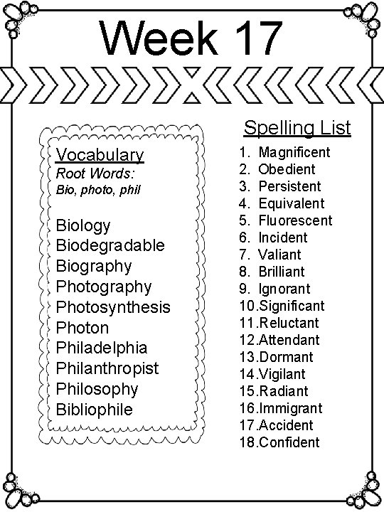 Week 17 Spelling List Vocabulary Root Words: Bio, photo, phil Biology Biodegradable Biography Photosynthesis