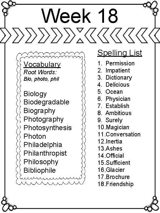 Week 18 Spelling List Vocabulary Root Words: Bio, photo, phil Biology Biodegradable Biography Photosynthesis