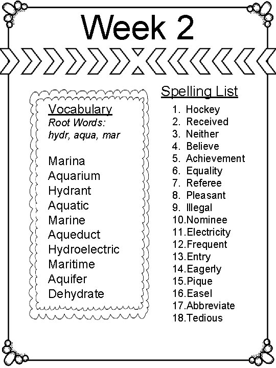 Week 2 Spelling List Vocabulary Root Words: hydr, aqua, mar Marina Aquarium Hydrant Aquatic
