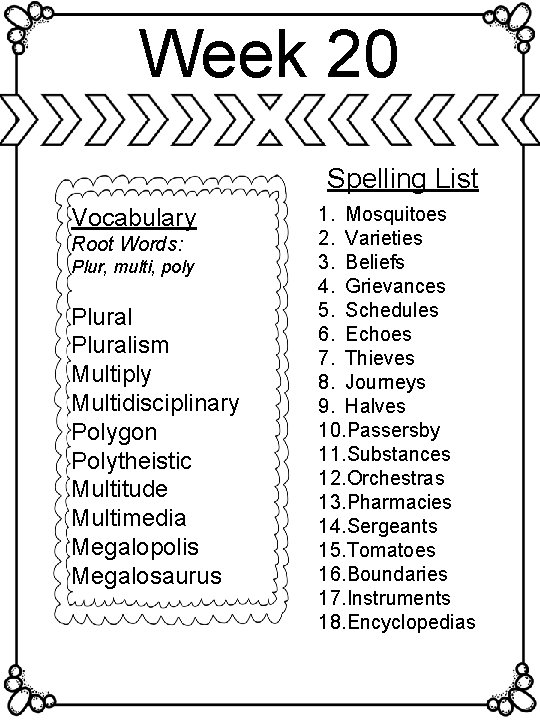 Week 20 Spelling List Vocabulary Root Words: Plur, multi, poly Pluralism Multiply Multidisciplinary Polygon