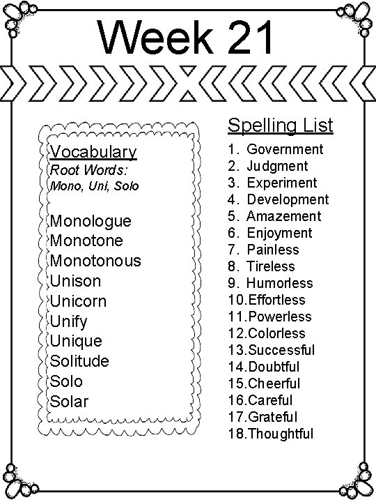 Week 21 Spelling List Vocabulary Root Words: Mono, Uni, Solo Monologue Monotonous Unison Unicorn