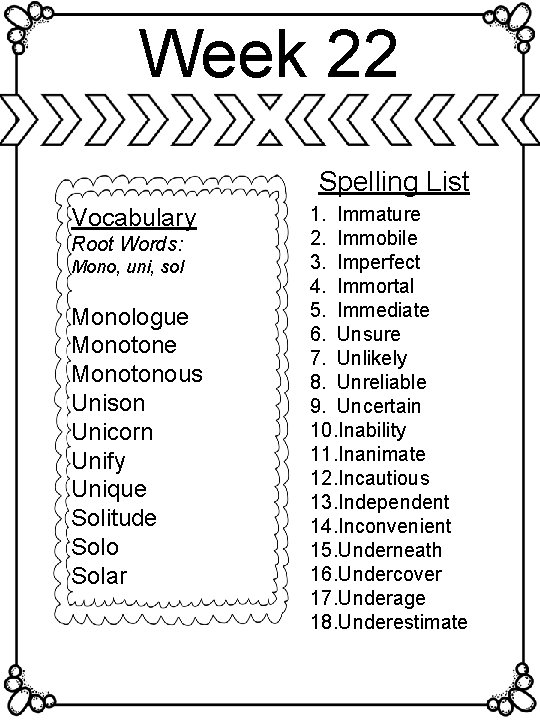 Week 22 Spelling List Vocabulary Root Words: Mono, uni, sol Monologue Monotonous Unison Unicorn