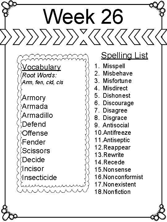 Week 26 Spelling List Vocabulary Root Words: Arm, fen, cid, cis Armory Armada Armadillo