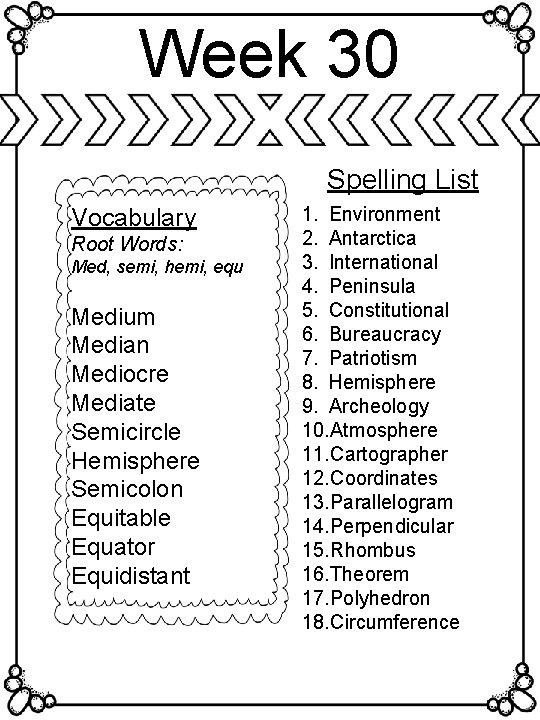Week 30 Spelling List Vocabulary Root Words: Med, semi, hemi, equ Medium Median Mediocre