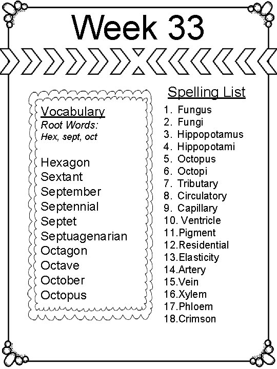 Week 33 Spelling List Vocabulary Root Words: Hex, sept, oct Hexagon Sextant September Septennial