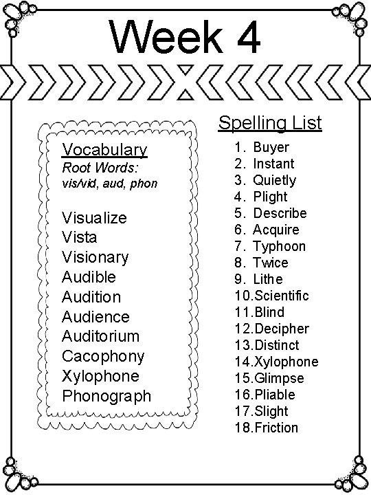 Week 4 Spelling List Vocabulary Root Words: vis/vid, aud, phon Visualize Vista Visionary Audible