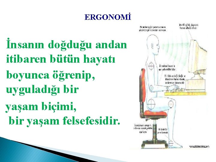 ERGONOMİ İnsanın doğduğu andan itibaren bütün hayatı boyunca öğrenip, uyguladığı bir yaşam biçimi, bir