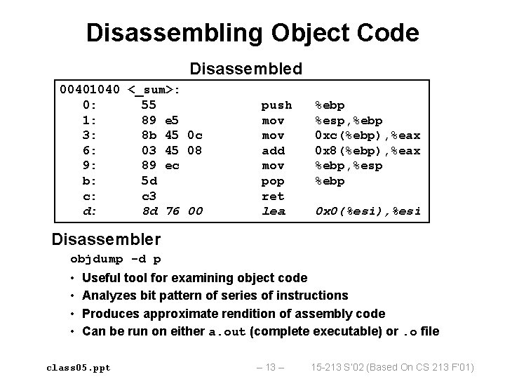 Disassembling Object Code Disassembled 00401040 <_sum>: 0: 55 1: 89 e 5 3: 8