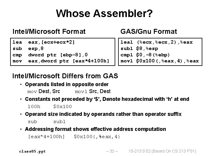 Whose Assembler? Intel/Microsoft Format GAS/Gnu Format lea sub cmp mov leal subl cmpl movl