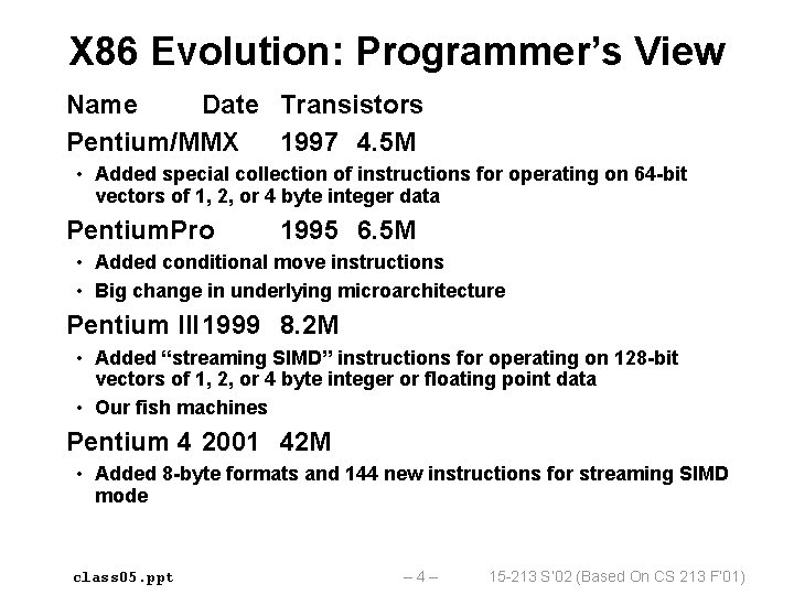 X 86 Evolution: Programmer’s View Name Date Transistors Pentium/MMX 1997 4. 5 M •