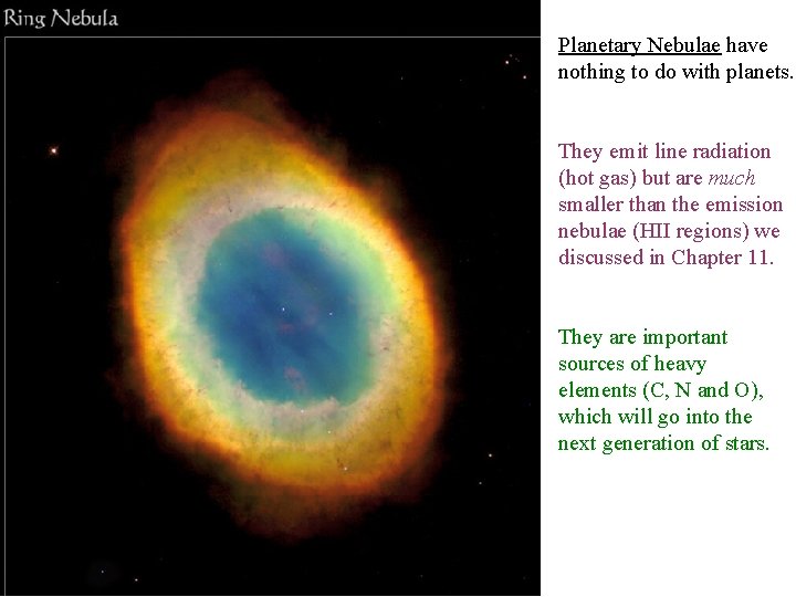Planetary Nebulae have nothing to do with planets. They emit line radiation (hot gas) Planetary Nebulae have nothing to do with planets. They emit line radiation (hot gas)