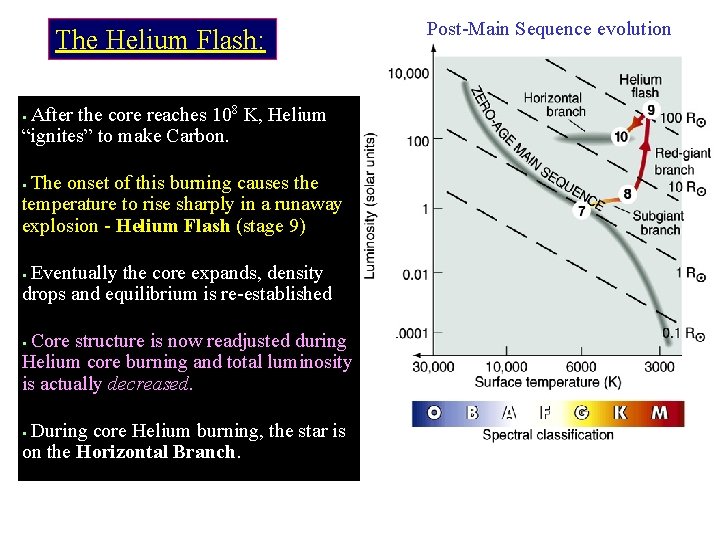 The Helium Flash: After the core reaches 108 K, Helium “ignites” to make Carbon. The Helium Flash: After the core reaches 108 K, Helium “ignites” to make Carbon.