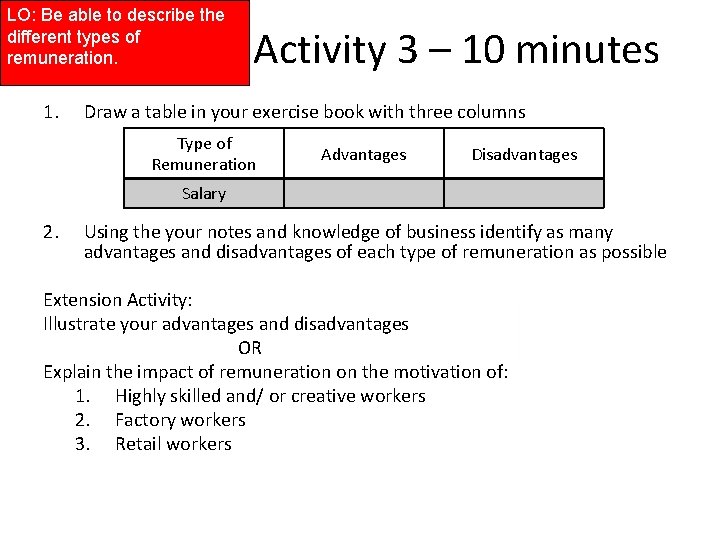 LO: Be able to describe the different types of remuneration. 1. Activity 3 –