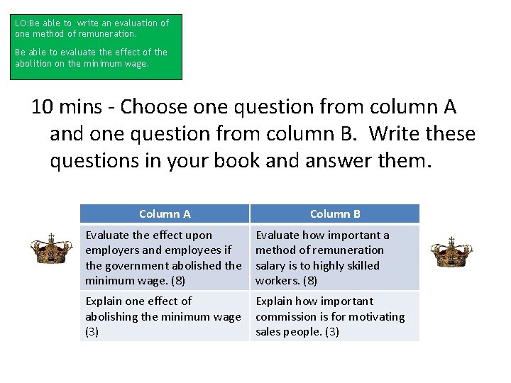 LO: Be able to write an evaluation of one method of remuneration. Be able