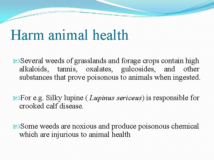 Harm animal health Several weeds of grasslands and forage crops contain high alkaloids, tannis,