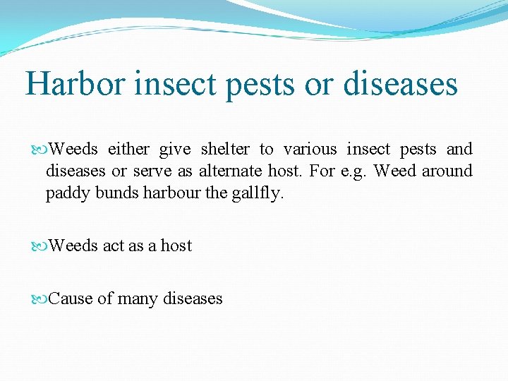 Harbor insect pests or diseases Weeds either give shelter to various insect pests and