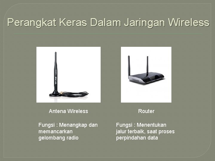 Perangkat Keras Dalam Jaringan Wireless Antena Wireless Fungsi : Menangkap dan memancarkan gelombang radio