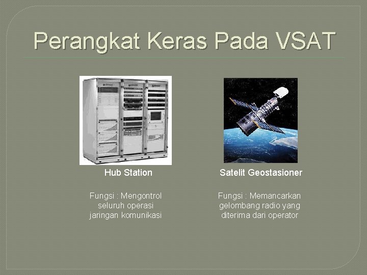 Perangkat Keras Pada VSAT Hub Station Satelit Geostasioner Fungsi : Mengontrol seluruh operasi jaringan