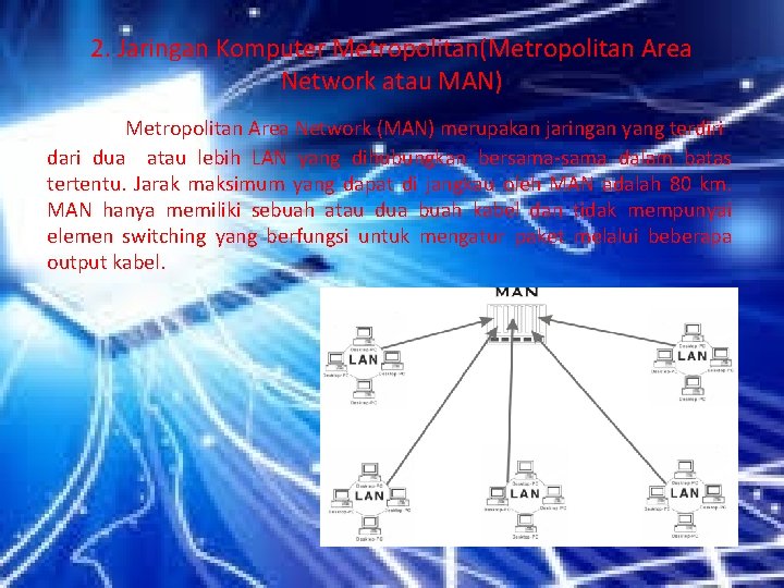 2. Jaringan Komputer Metropolitan(Metropolitan Area Network atau MAN) Metropolitan Area Network (MAN) merupakan jaringan