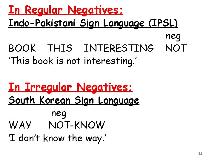 In Regular Negatives; Indo-Pakistani Sign Language (IPSL) neg BOOK THIS INTERESTING NOT ‘This book