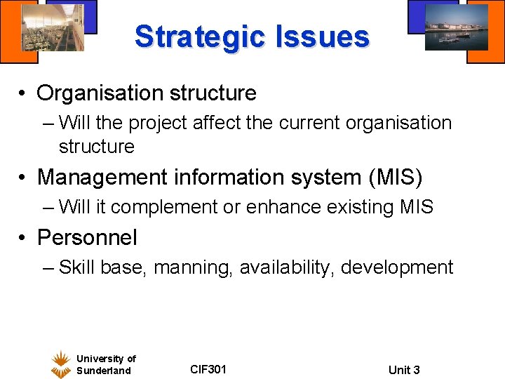 Strategic Issues • Organisation structure – Will the project affect the current organisation structure