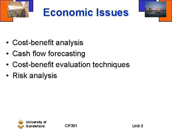 Economic Issues • • Cost-benefit analysis Cash flow forecasting Cost-benefit evaluation techniques Risk analysis