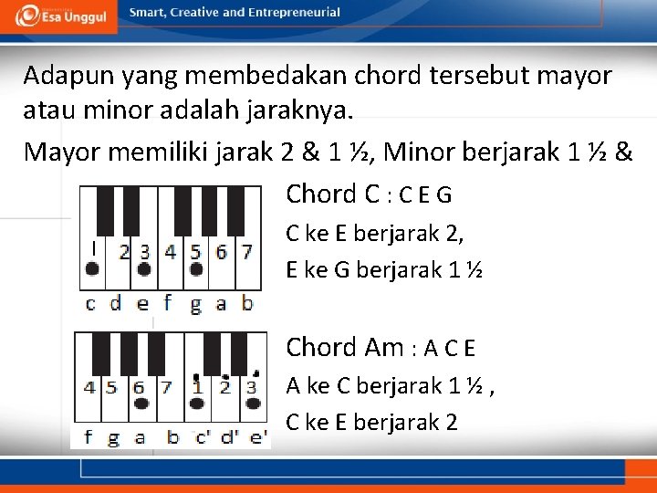 Adapun yang membedakan chord tersebut mayor atau minor adalah jaraknya. Mayor memiliki jarak 2