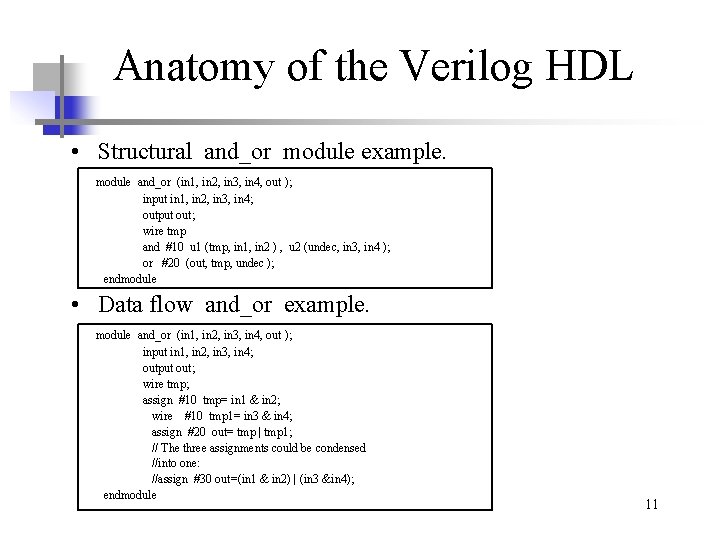 Anatomy of the Verilog HDL • Structural and_or module example. module and_or (in 1,