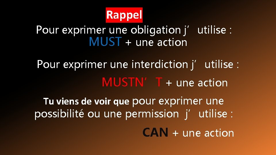 Rappel Pour exprimer une obligation j’utilise : MUST + une action Pour exprimer une