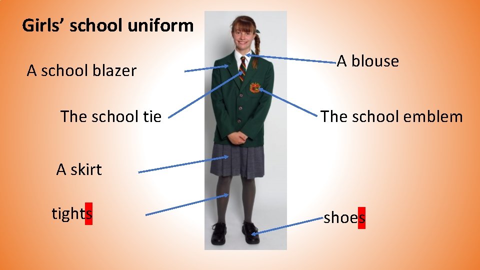 Girls’ school uniform A school blazer The school tie A blouse The school emblem