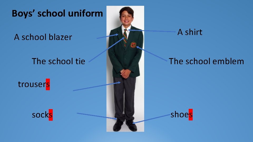 Boys’ school uniform A school blazer The school tie A shirt The school emblem