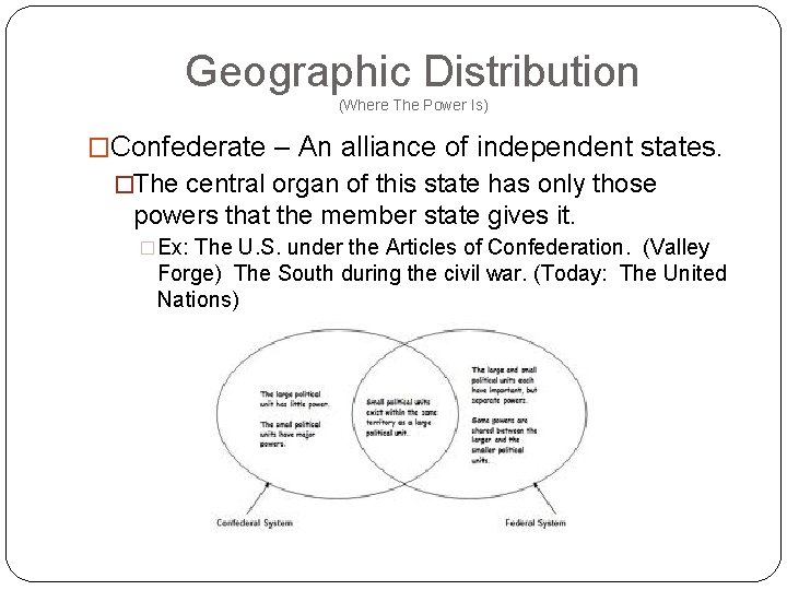 Geographic Distribution (Where The Power Is) �Confederate – An alliance of independent states. �The