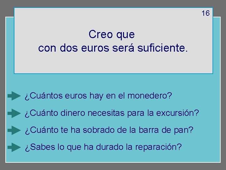 16 Creo que con dos euros será suficiente. ¿Cuántos euros hay en el monedero?