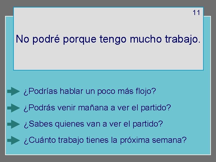 11 No podré porque tengo mucho trabajo. ¿Podrías hablar un poco más flojo? ¿Podrás