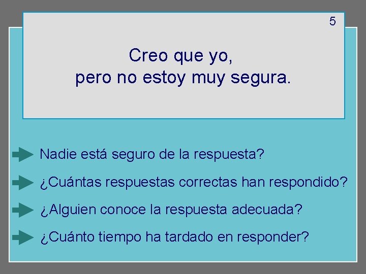 5 Creo que yo, pero no estoy muy segura. Nadie está seguro de la