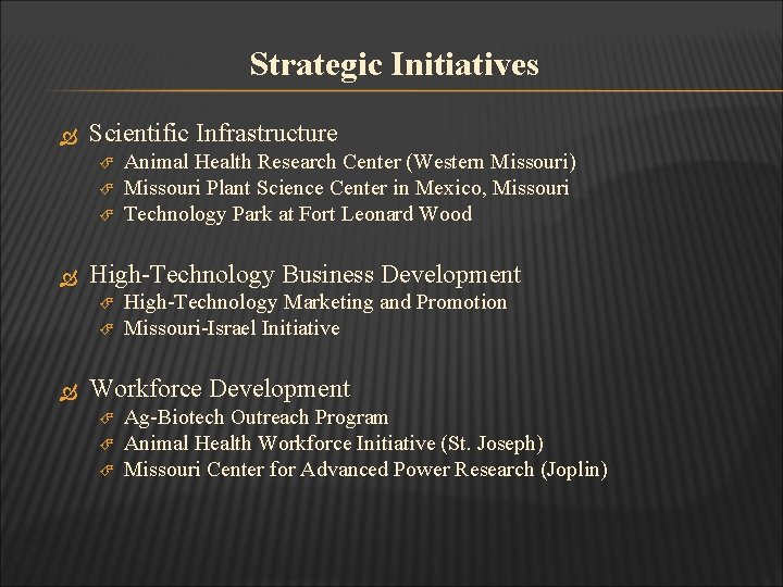 Strategic Initiatives Scientific Infrastructure High-Technology Business Development Animal Health Research Center (Western Missouri) Missouri